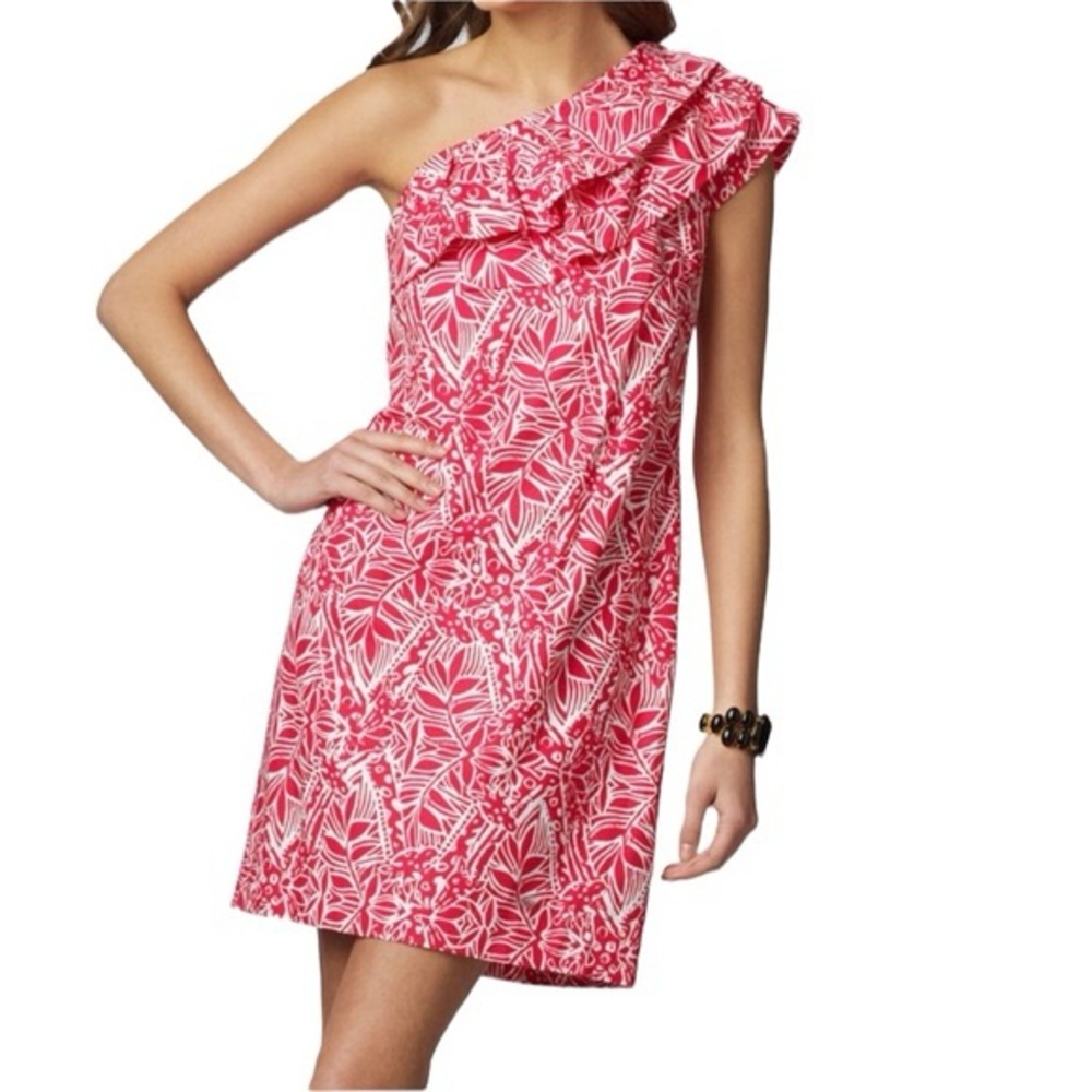 Lilly Pulitzer One-Shoulder Sandra Punch Pink Stamped Giraffe Dress